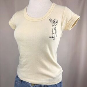 Vintage 70s ALIEN Single Stitch T-Shirt (L) Yellow Stretch Baby Tee Sci-Fi Space